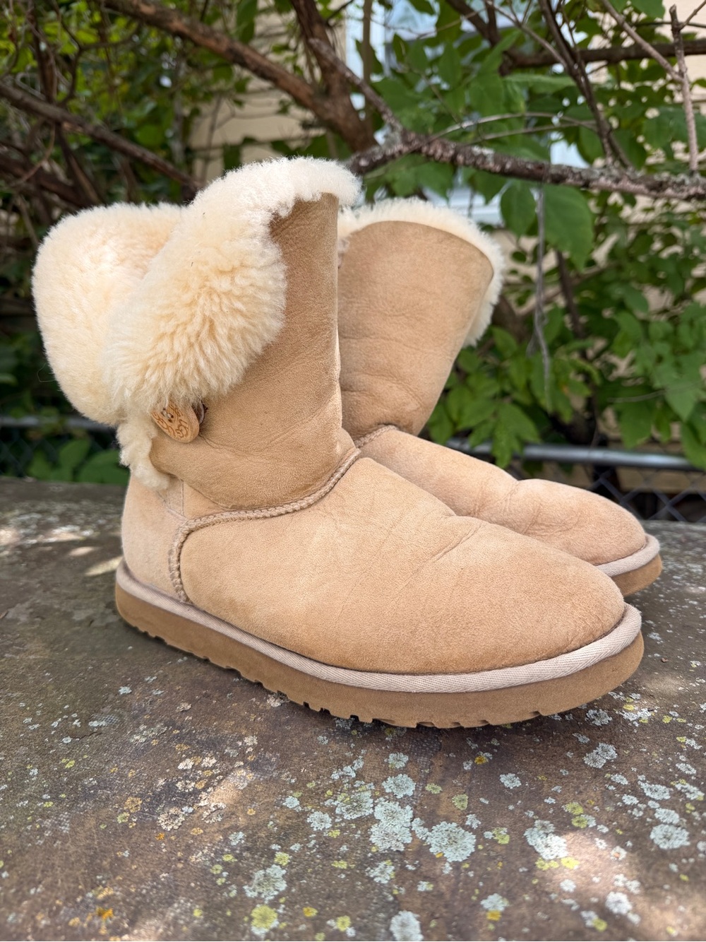 UGG Chestnut Suede Shearling Cuff Button Boot Slippers